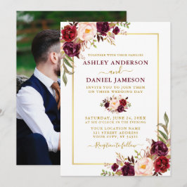Modern Watercolor Burgundy Blommigt Photo Bröllop Inbjudningar