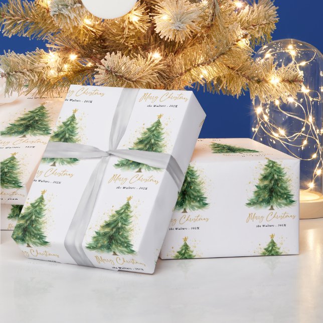 Modern Watercolor Christmas Pine Tree  Presentpapper (Helgdagar)