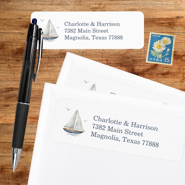 Modern Watercolor Coastal Seascape Wedding Returadress Etikett (Skapare uppladdad)