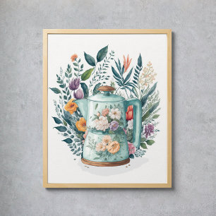 Modern Watercolor Coffee Botanical Blommigt Kitche Poster