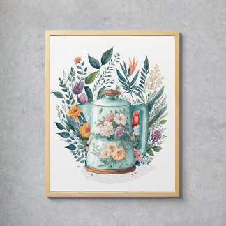 Modern Watercolor Coffee Botanical Blommigt Kitche Poster