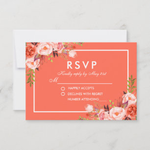 Modern Watercolor Coral Blommigt White OSA Bröllop Kort