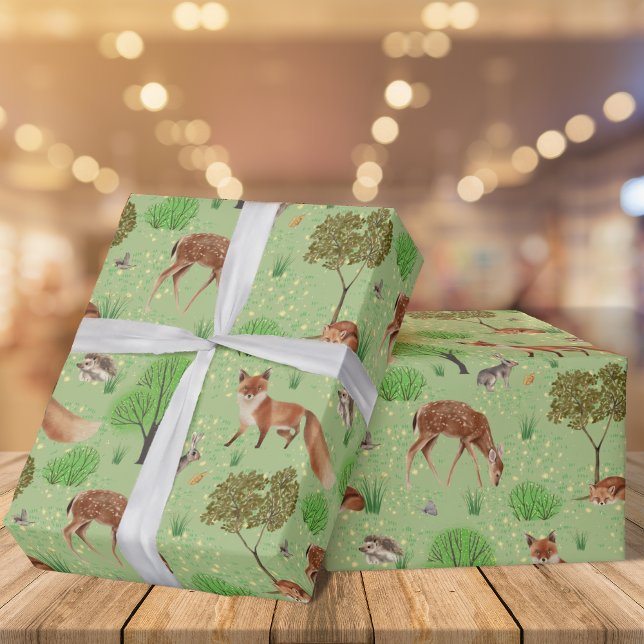 Modern Watercolor Cute Woodland Animals Meadow Presentpapper (Skapare uppladdad)