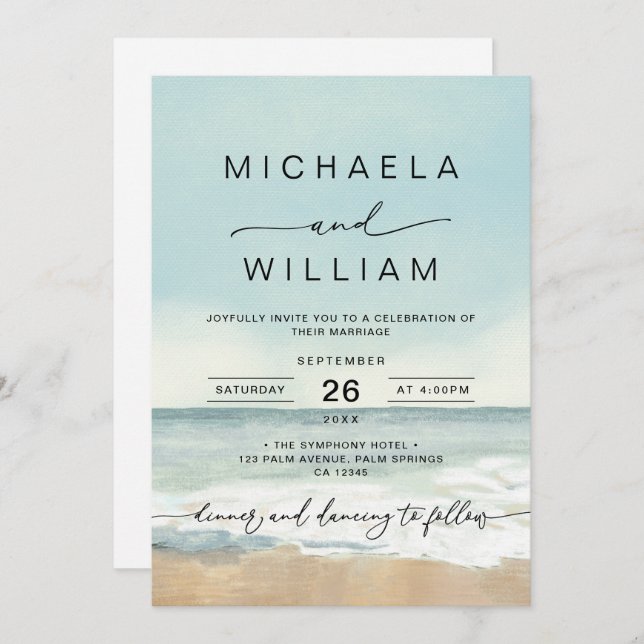 Modern Watercolor Destinations Beach Wedding Inbjudningar (Fram/baksida)
