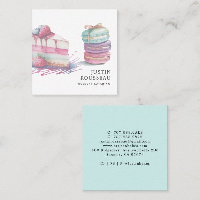 Modern Watercolor Efterrät Bagar Konditor  Fyrkantigt Visitkort (Fram/baksida)