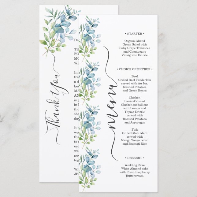 Modern Watercolor Eucalyptus Greenery Wedding Meny (Fram/baksida)