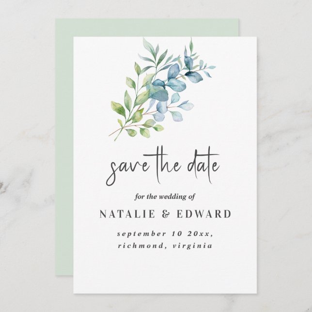 Modern Watercolor Eucalyptus Greenery Wedding Spara Datumet (Fram/baksida)