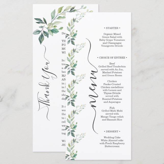 Modern Watercolor Eucalyptus Leaves Greenery Meny (Fram/baksida)