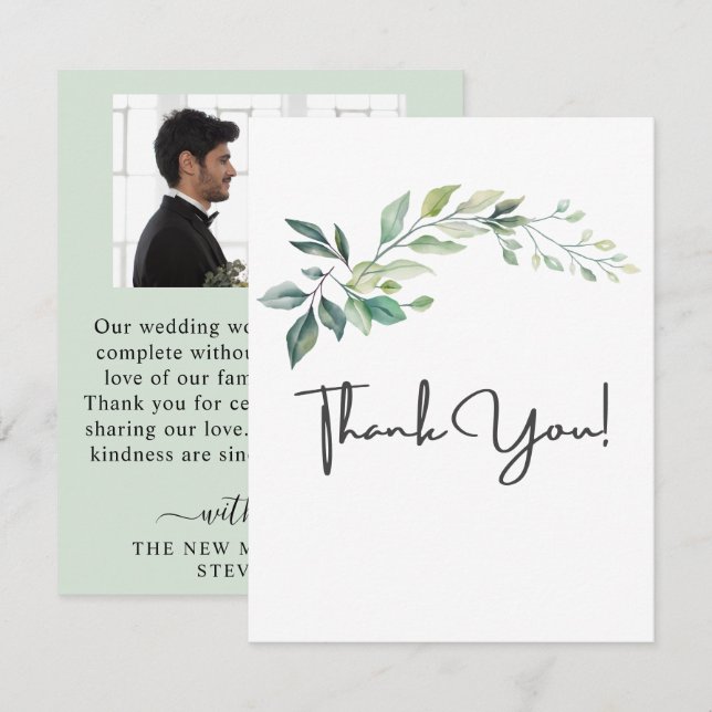 Modern Watercolor Eucalyptus Leaves Greenery Tack Kort (Fram/baksida)