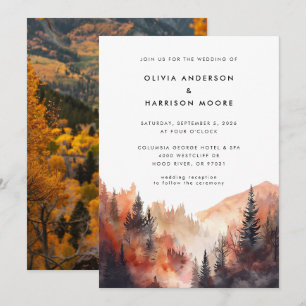 Modern Watercolor Fall Mountain Photo Bröllop Inbjudningar