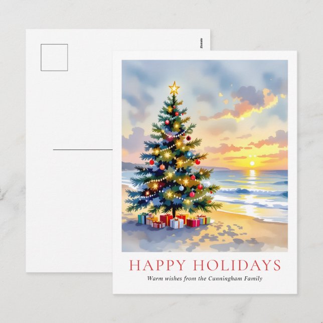 Modern Watercolor Festive Beach Coastal Christmas Helg Vykort (Fram/baksida)