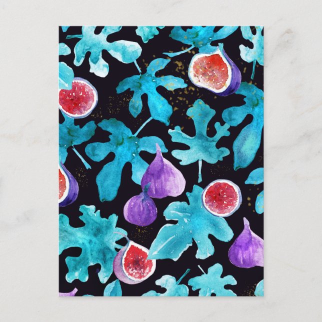 Modern Watercolor Figs Fruit on Black Vykort (Framsida)