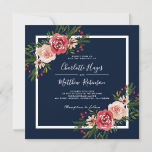 Modern Watercolor Flowers Blue Winter Wedand Inbjudningar