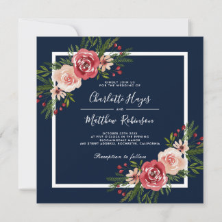 Modern Watercolor Flowers Blue Winter Wedand Inbjudningar