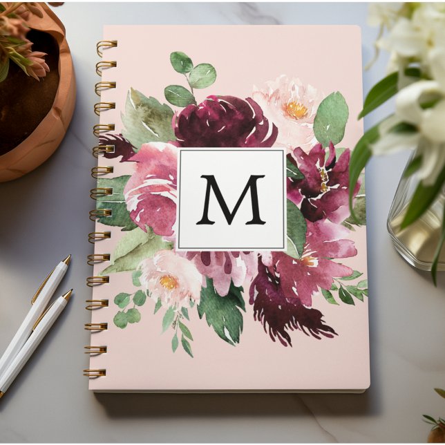 Modern Watercolor Flowers Monogrammed Anteckningsbok (Skapare uppladdad)