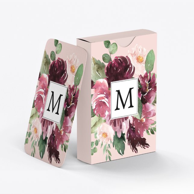 Modern Watercolor Flowers Monogrammed Casinokort (Skapare uppladdad)