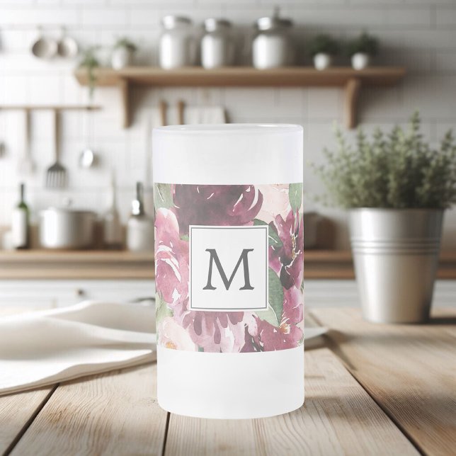 Modern Watercolor Flowers Monogrammed Frostat Ölglas (Skapare uppladdad)