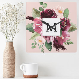 Modern Watercolor Flowers Monogrammed Fyrkantig Klocka