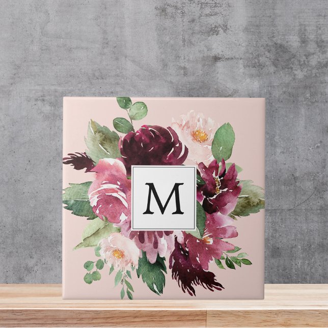 Modern Watercolor Flowers Monogrammed Kakelplatta (Skapare uppladdad)