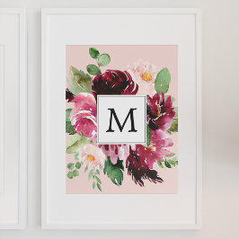 Modern Watercolor Flowers Monogrammed Poster