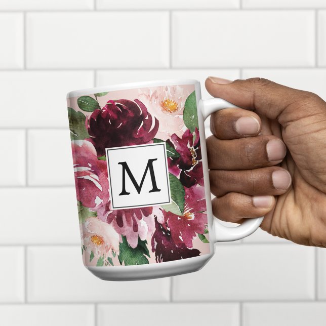 Modern Watercolor Flowers Monogrammed Två-Tonad Mugg (Skapare uppladdad)
