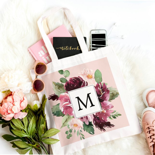 Modern Watercolor Flowers Monogrammed Tygkasse (Skapare uppladdad)