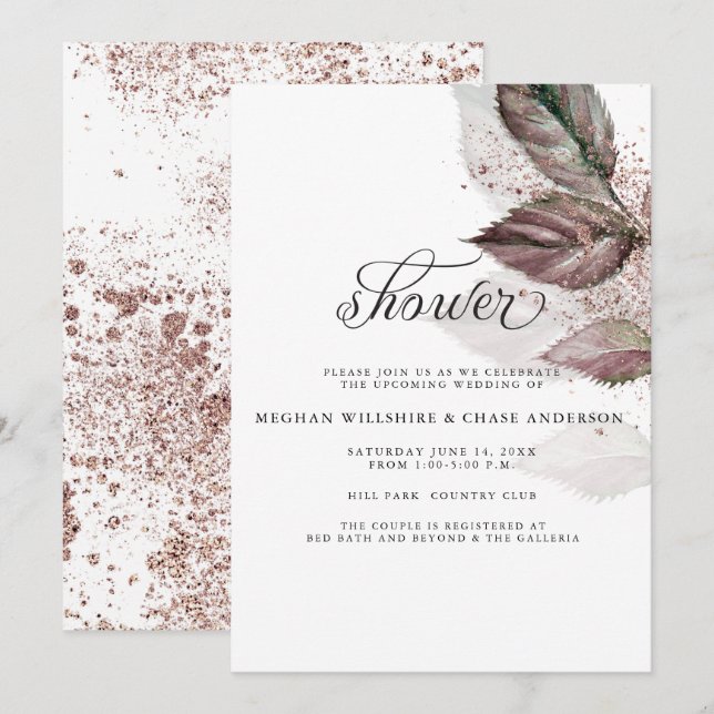 Modern Watercolor Glitter Foliage BarefootBride™ Inbjudningar (Fram/baksida)