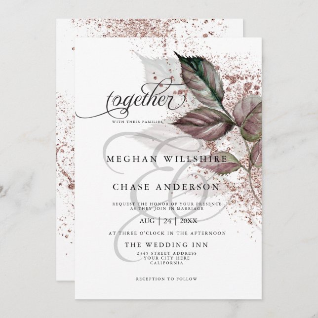 Modern Watercolor Glitter Foliage BarefootBride™ Inbjudningar (Fram/baksida)