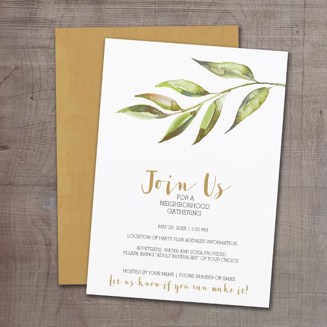 Modern Watercolor-grannskap Cocktail Party guld Inbjudningar (Open House Party Invitation - General Design with a Modern watercolor leaf)