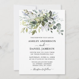 Modern Watercolor Greenery Bröllop Dusty Blue Inbjudningar