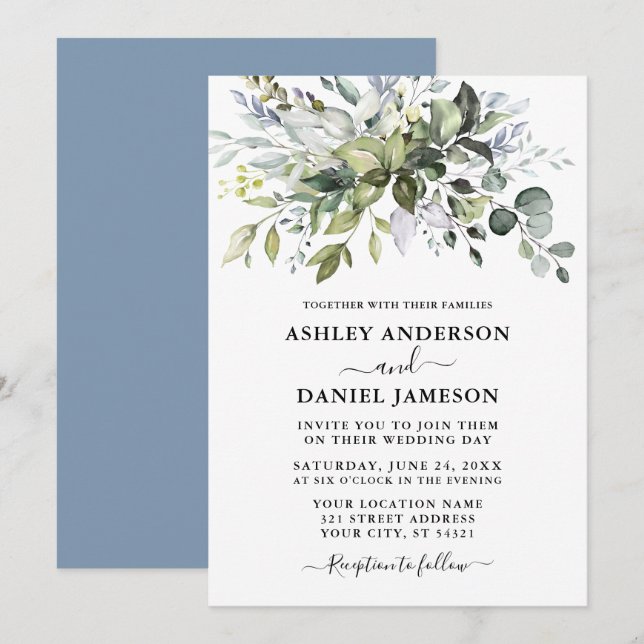 Modern Watercolor Greenery Bröllop Dusty Blue Inbjudningar (Fram/baksida)