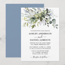 Modern Watercolor Greenery Bröllop Dusty Blue Inbjudningar