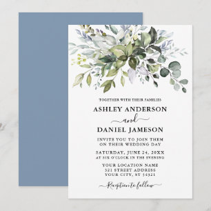 Modern Watercolor Greenery Bröllop Dusty Blue Inbjudningar