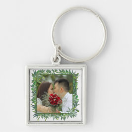 Modern Watercolor Greenery Bröllop Fyrkantig Silverfärgad Nyckelring