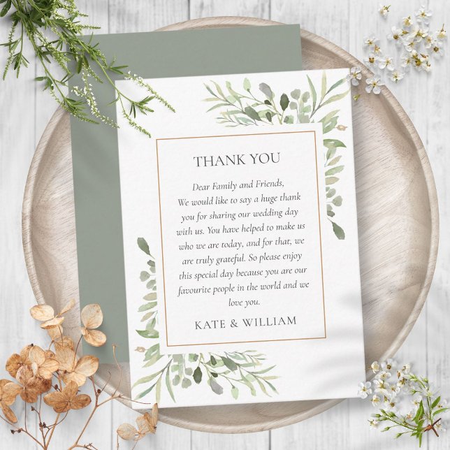 Modern Watercolor Greenery Bröllop Tack Placeringskort (Modern Watercolor Greenery Wedding Thank You Place Card)