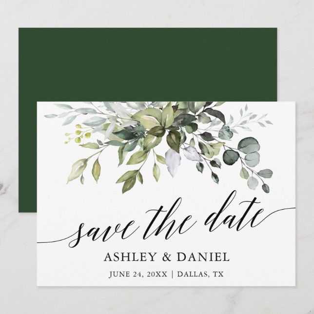 Modern Watercolor Greenery Calligraphy Spara Datumet (Fram/baksida)