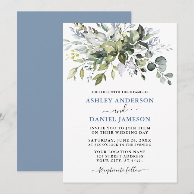 Modern Watercolor Greenery Dusty Blue Bröllop Inbjudningar (Fram/baksida)