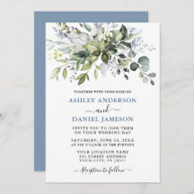 Modern Watercolor Greenery Dusty Blue Bröllop