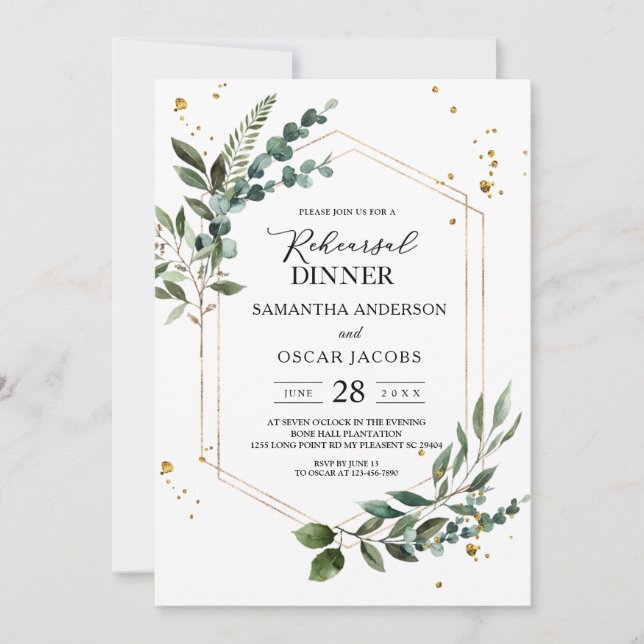 Modern Watercolor Greenery Eucalyptus Guld Ram Inbjudningar (Framsida)
