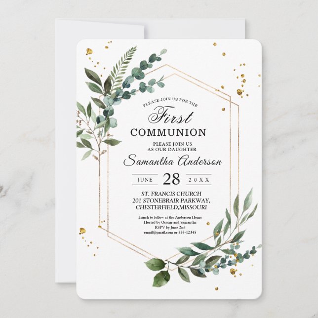 Modern Watercolor Greenery Eucalyptus Guld Ram Inbjudningar (Framsida)