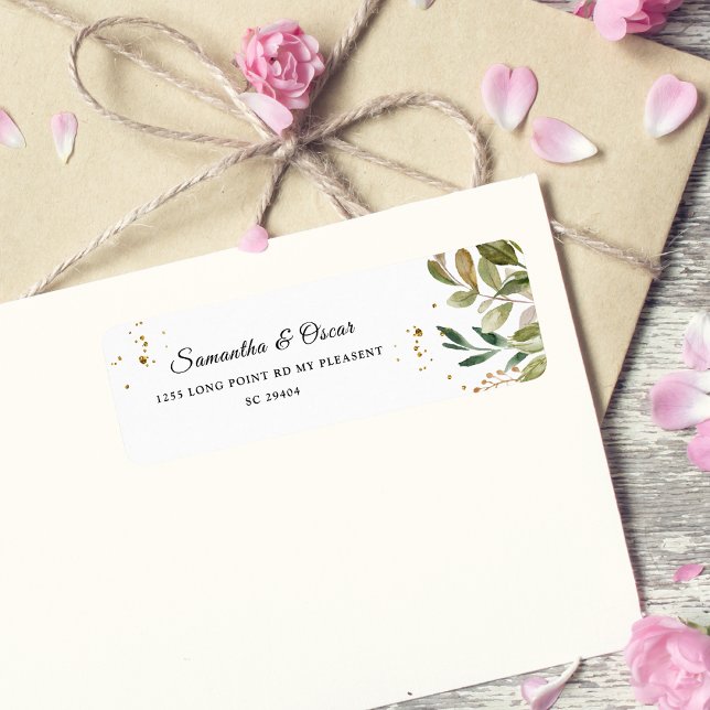 Modern Watercolor Greenery Löv Ram Returadress Etikett (Skapare uppladdad)