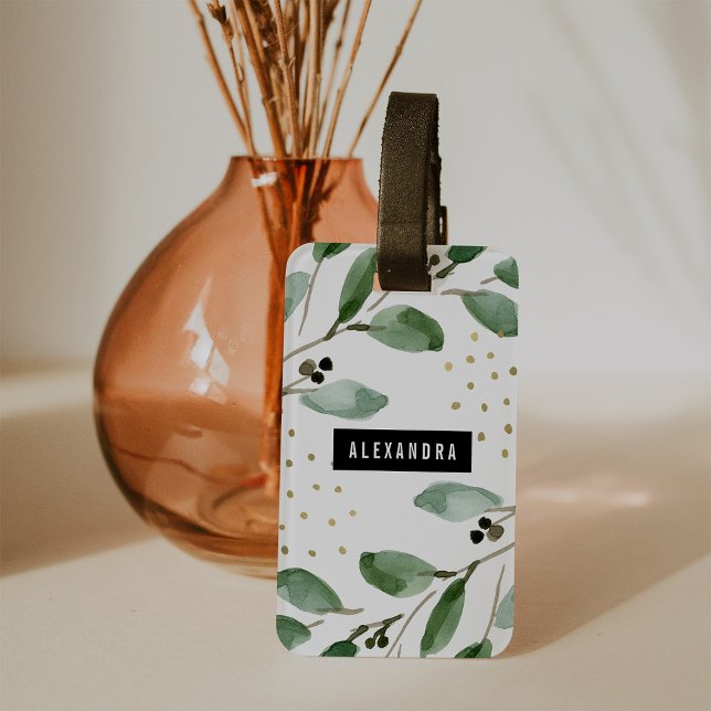 Modern Watercolor Greenery och Guld | Monogram Bagagebricka (Skapare uppladdad)