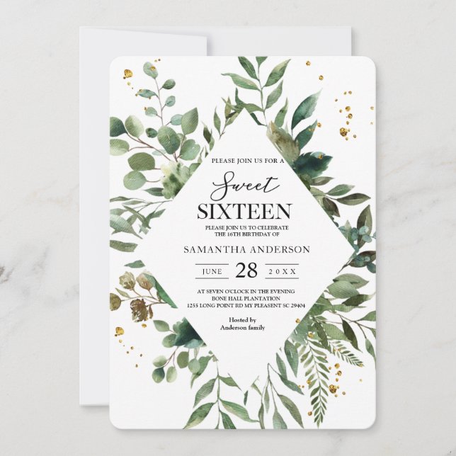 Modern Watercolor Greenery Ram & Guld Dots Inbjudningar (Framsida)