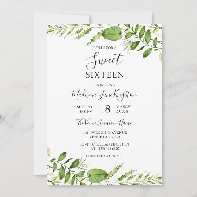 Modern Watercolor Greenery Sweet 16-inbjudan Inbjudningar (Framsida)