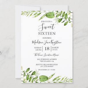Modern Watercolor Greenery Sweet 16-inbjudan Inbjudningar