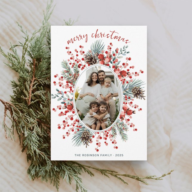 Modern Watercolor Greenery Wandey Foder till jul Julkort (Elegant watercolor colorful pink and red greenery botanical frame Merry Christmas photo holiday card)