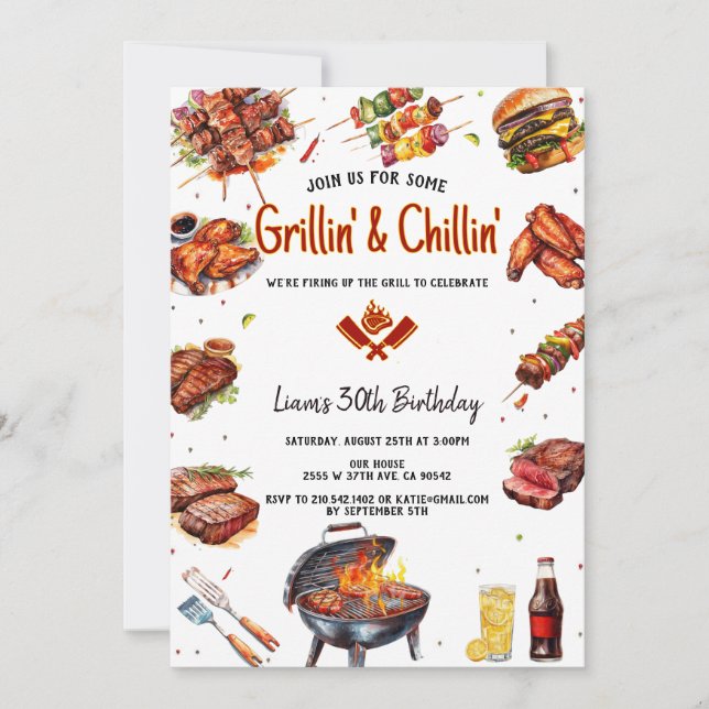 Modern Watercolor Grill & Chill BBQ Födelsedagsfes Inbjudningar (Framsida)