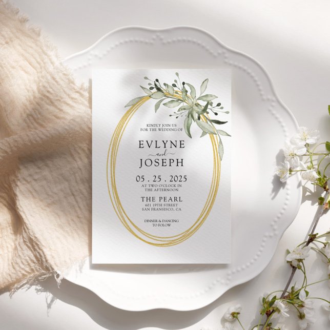 Modern Watercolor Grönt Guld Eucalyptus Bröllop Inbjudningar (Skapare uppladdad)