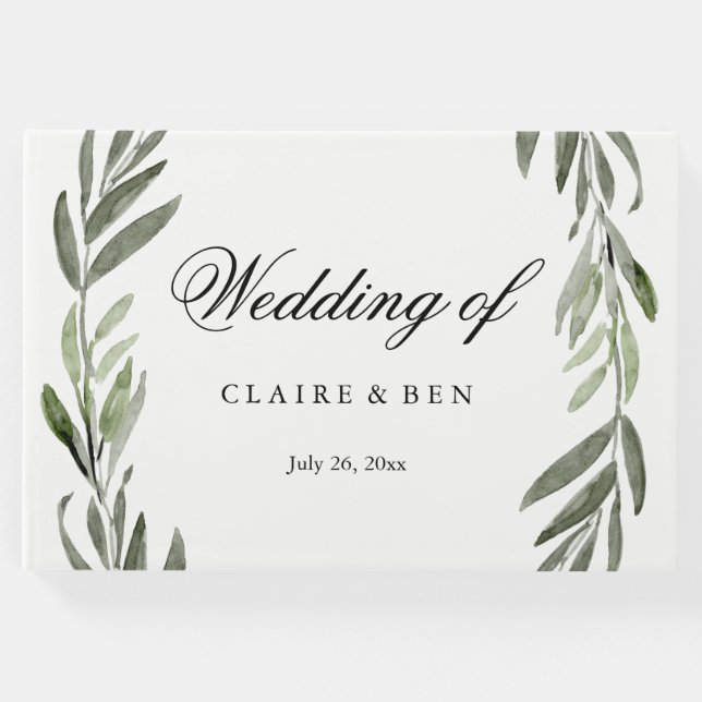 Modern Watercolor Grönt Löv Bröllop Guestbook Gästböcker (Framsida)