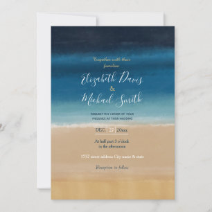 Modern Watercolor Guld Blue Beach Inbjudningar